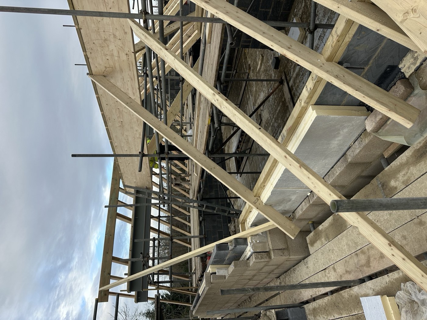 Roof trusses and tile battens being installed